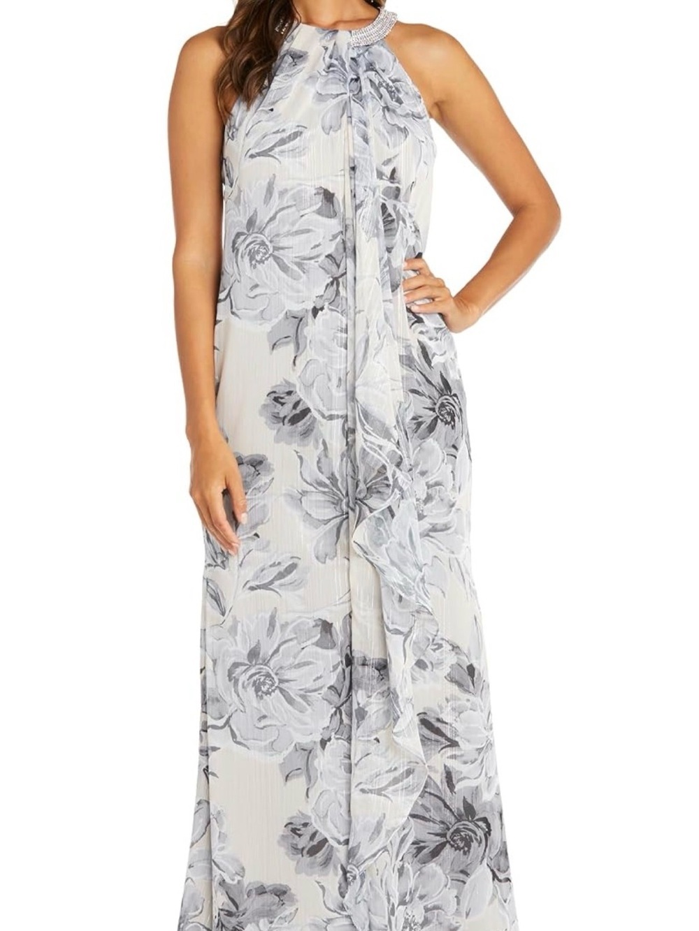 R&M Richards White Floral Maxi Robe with Gray Print